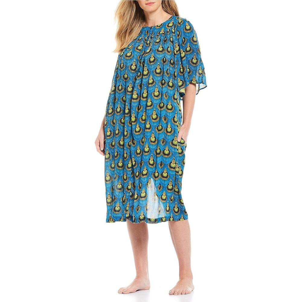 Go Softly Patio Woman Midi Dress 1X Blue Peacock Feather Rayon MuuMuu